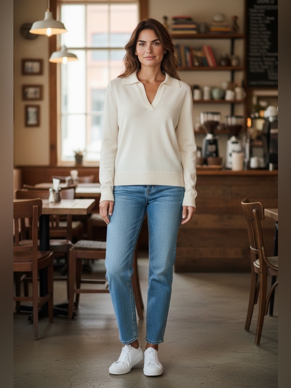 Lands end cream colored knit sweater with classic Johnny collar